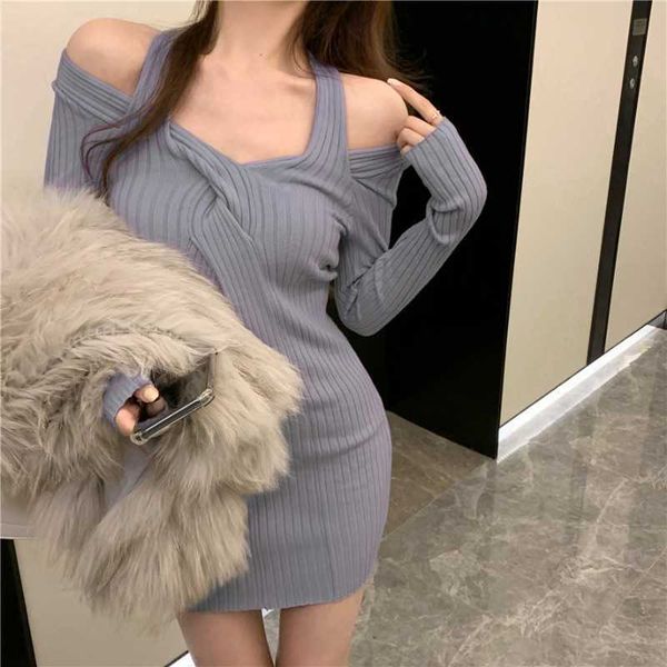 

knitted basedress female spring autumn style halter off shoulder long sleeve dress slim tight short skirt low cut 210528, Black;gray
