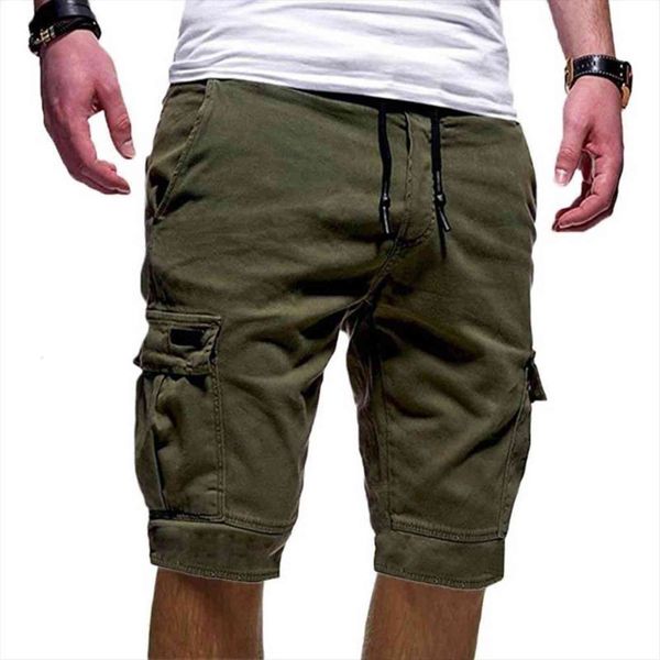 

summer casual solid color cargo women pants multi pockets drawstring fifth fashion mens cropped trousers, Black