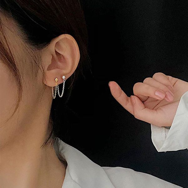 

stud lism real silver 100% 925 sterling earrings korean hip hop chain threader cuff personality, Golden;silver