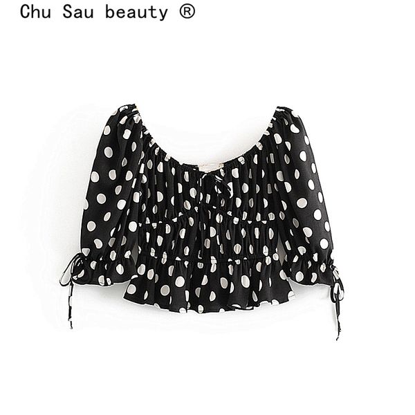 

casual chic vintage black background and white dot print crop women fashion sweet bow tie beach blouses mujer de moda 210508