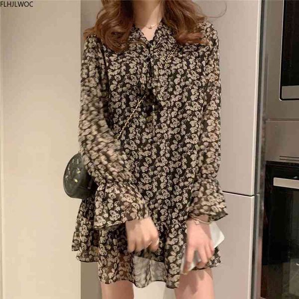 

casual dresses design cute girls women flare sleeve loose mini bow tie floral printed retro vintage chiffon sweet o1977 u8xm, Black;gray