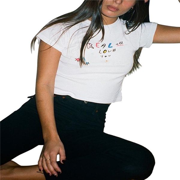 

women's t-shirt 2021 shirt letter print summer short sleeve crewneck slim fitted crop girls tees, White