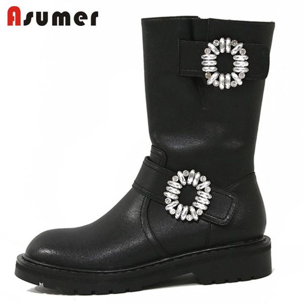 

boots asumer 2021 fashion casual shoes women genuine leather crystal zip low heel round toe autumn winter ankle, Black