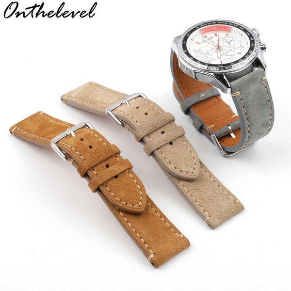 

new arrival quality leather suede watch strap gray brwon 18mm 20mm 22mm watch accessories handmade stitching wristband belt h0915, Silver