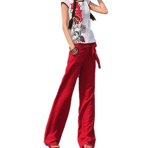 

women's pants & capris retro 2021 linen plus size wide leg straight vintage women xxl red trousers pantalones mujer, Black;white