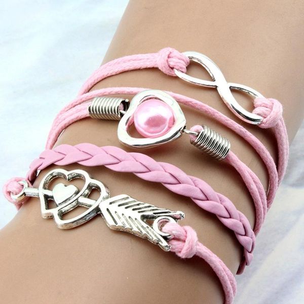 

charm bracelets european and american fashion retro leather strap love pearl muticolor cord multilayer women, Golden;silver
