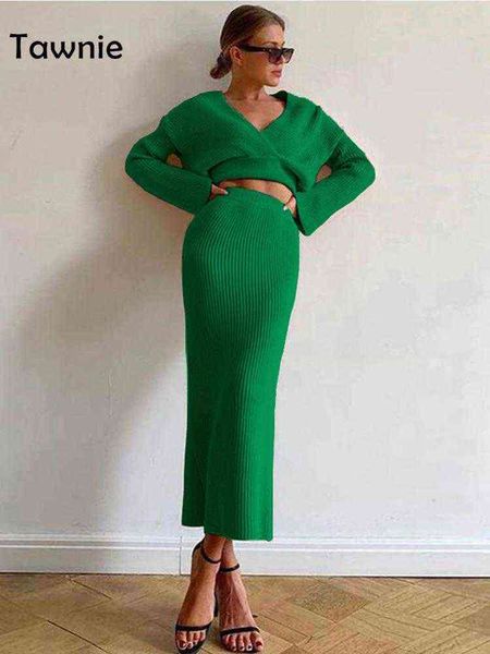 

tawnie autumn winter knitted long sleeve v neck women midi dress set casual cropped split elegant women's suits with skirt 211119, White