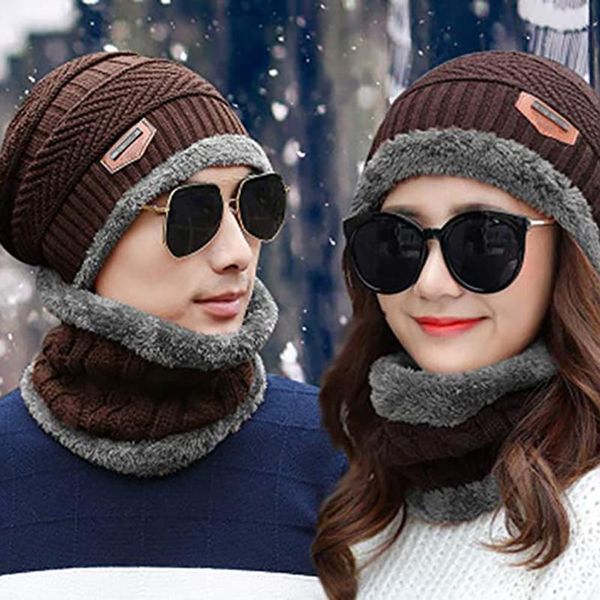 

neck warmer knitted hat scarf set fur wool lining thick warm knit beanies balaclava winter men cap casual 1 cycling caps & masks, Black