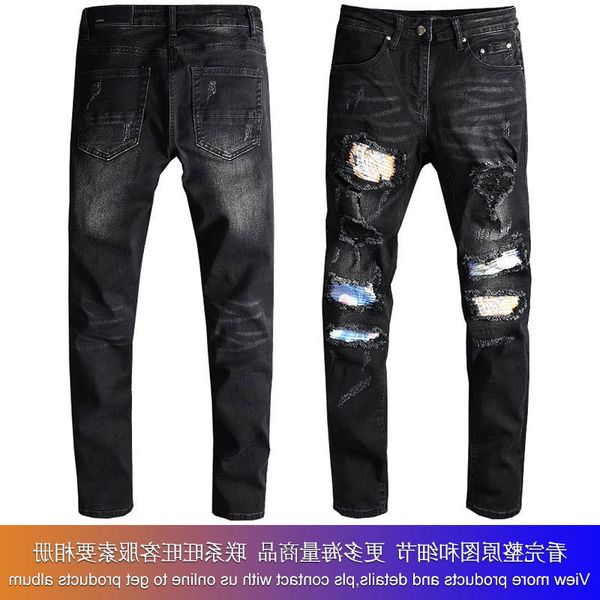 

fashion us am casual hip hop high street wear and tear make old wash splash ink color painting slim fitting jeans man #660, Blue