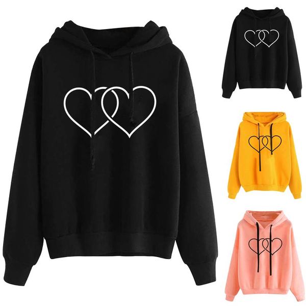 

women's hoodies & sweatshirts 2021 autumn double heart printed sweatshirt vintage hooded sweater girls korean winter casual fleece clot, Black
