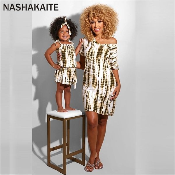 

nashakaite summer mom and daughter matching dress casual print one shoulder mommy me mother clothes 210724, Blue