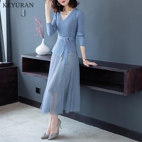 

two piece dress slim v-neck sashes sweater + pleated mesh two-piece set 2021 spring autumn womenknitting outfit and bottom suit, White