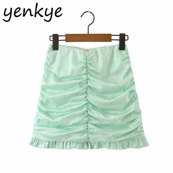 

green leopard floral print skirt women high waist a-line mini draped jupe femme summer satin chiffon faldas 210514, Black