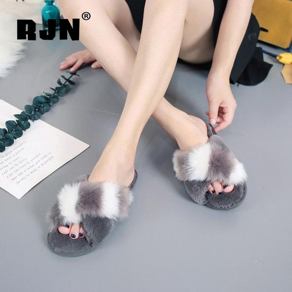 

slippers rjn fashion peep-toe slipper mixed color comfortable plush insole low heel indoor shoes women for winter ro65, Black