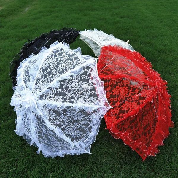 

umbrellas elegant stylish women long handle bridal lace umbrella embroidery beach parasol for child dance pography prop