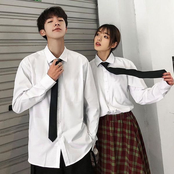 

couple men school students japan jk preppy style tie shirt casual long sleeve outwear clothes high street men's shirts, White;black