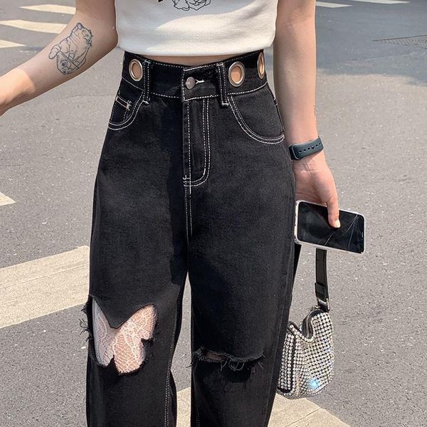 

design sense butterfly hole jeans women's 2021 summer korean high waist slim loose wide leg straight pants[delivery within, Blue
