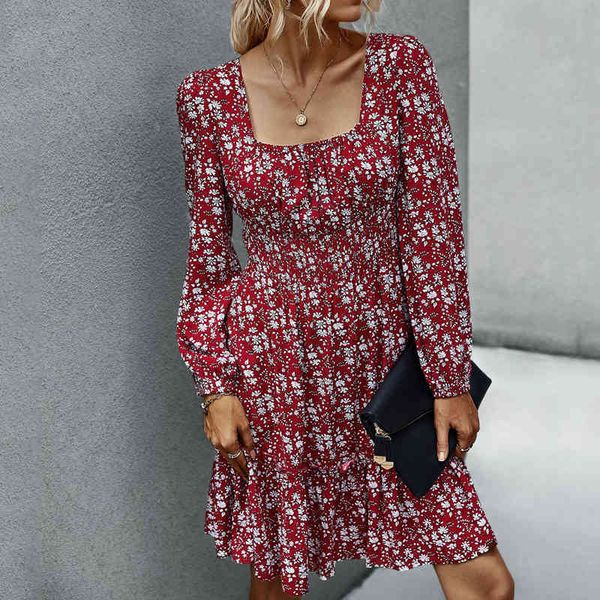 

vintage a-line print full midi dress women's 's retro square collar floral printed dress for women vestidos de fiesta 210514, Black;gray