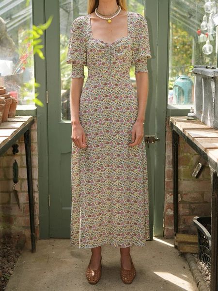 

dress women floral print 100% viscose maxi dress lace-up square collar short sleeve hem split fashion long dresses, Black;gray