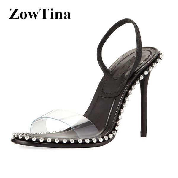 

fashion pvc transparent women sandals gladiator studded ladies summer shoes black 9cm thin high heels slippers valentine