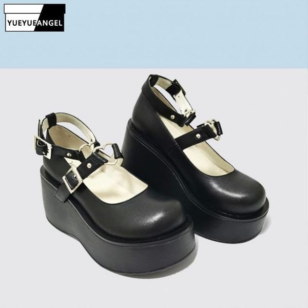 

spring women japan style platform round toe pumps shoes punk sweet buckle genuine leather wedges high heel female dress, Black
