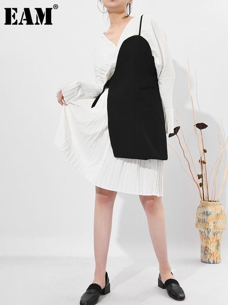 

women's vests [eam] women black irregular bandage casual long stitch vest v-collar sleeveless fashion tide spring autumn 2021 1da97701, Black;white