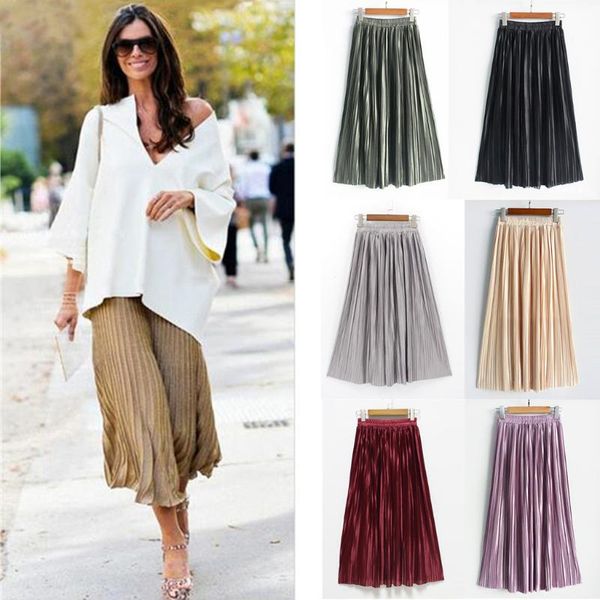 

skirts sweet pleated women elastic waist korean style long skits solid elegant faldas largas mujer elegante #33, Black