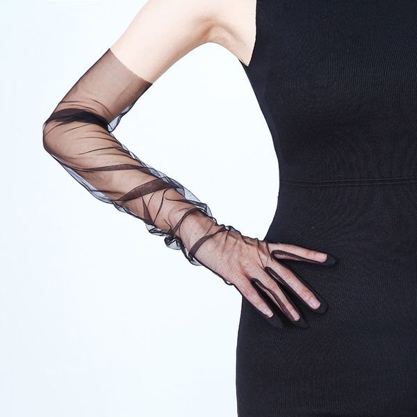 

transparent lace thin long gloves sheer tulle 1 pairs 70cm long dress gloves transparent sunscreen summer, Blue;gray