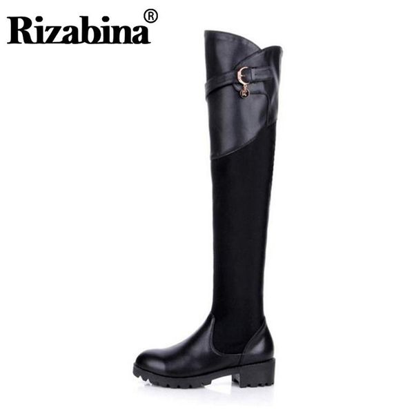

boots rizabina women flats genuine leather winter shoes metal buckle fur over the knee fashion size 34-39, Black