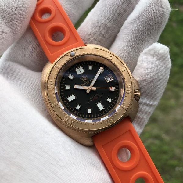 

arrival steeldive watch sd1970s bronze case ceramic bezel blue luminous nh35 automatic dive for men wristwatches, Slivery;brown