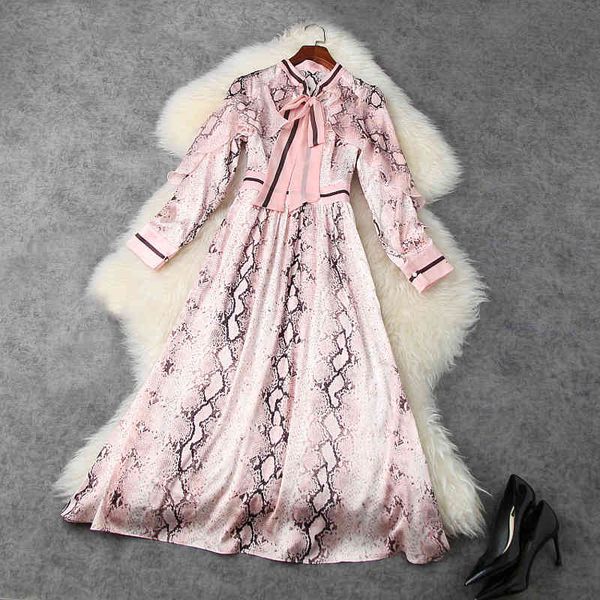 

casual dresses spring long sleeve round neck pink python print ribbon tie bow ruffle high waist mid-calf dress elegant lj07t11760 2vud, Black;gray