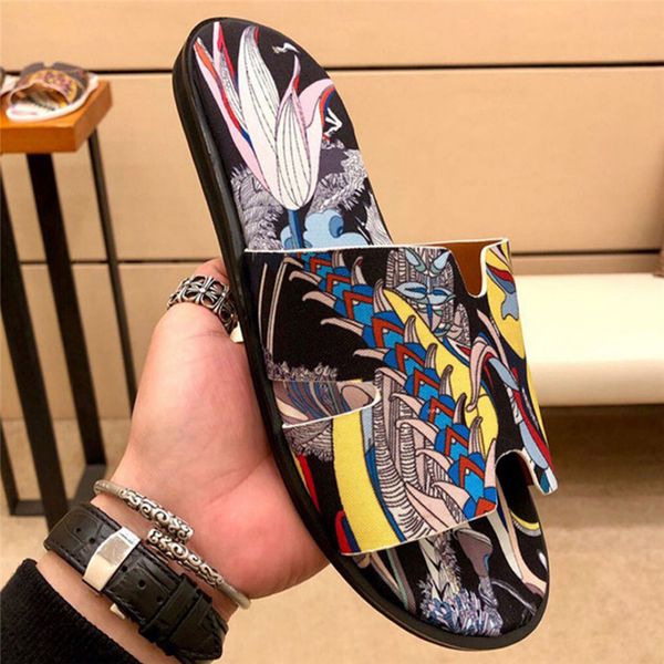 

2021 summer one line slippers men leather cool drag brand ins fashionable outer net red beach shoes zlh, Black