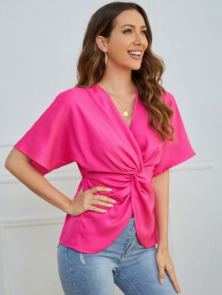 

surplice neck twist front batwing sleeve blouse 85ck#, White