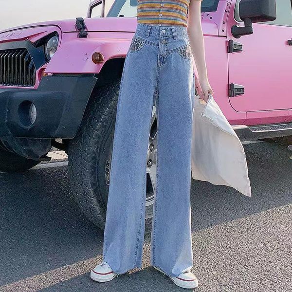 

women's jeans mom summer thin section loose high waist wide leg straight pants denim trousers spring and autumn women, Blue
