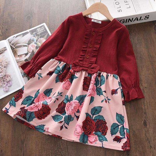 

bear leader baby girls kids dresses 2021 spring fashion flowers princess dress children splicing full sleeve costumes g1026, Red;yellow