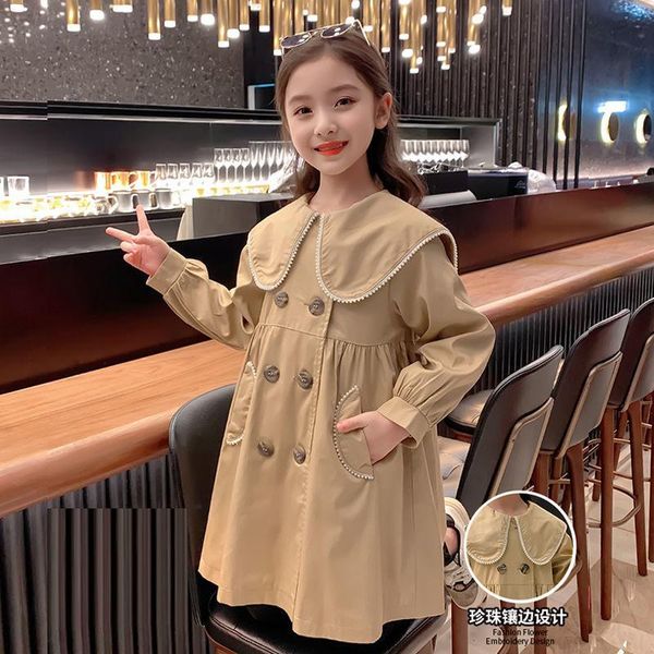 

coat girls' windbreaker 2021 autumn cute sweet girl long double-breasted overcoat lovely baby lapel for 4-10 years kids, Blue;gray