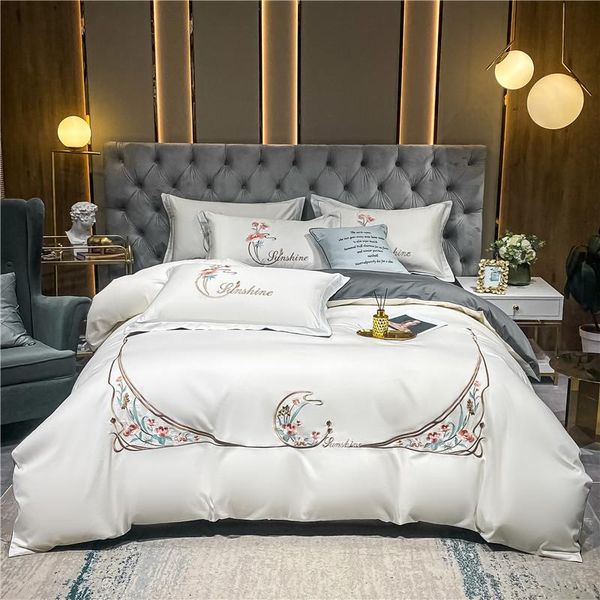 

bedding sets luxury white embroidery cotton satin set duvet cover bed linen fitted sheet pillowcases home textile king  size