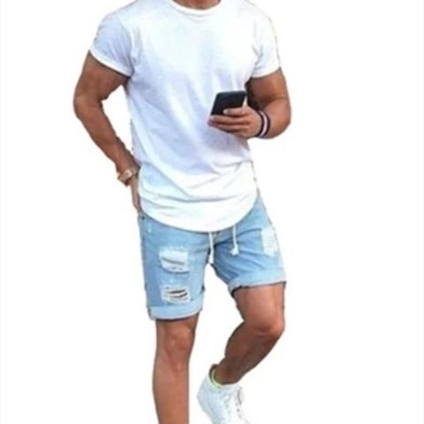 

men's jeans european summer small fresh solid color hole fashion casual daily denim shorts 2021 men, Blue