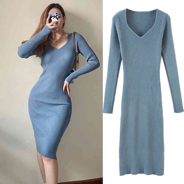 

casual dresses fashion solid color knitting long sleeve ladies square collar slim vestidos midi ehq7, Black;gray
