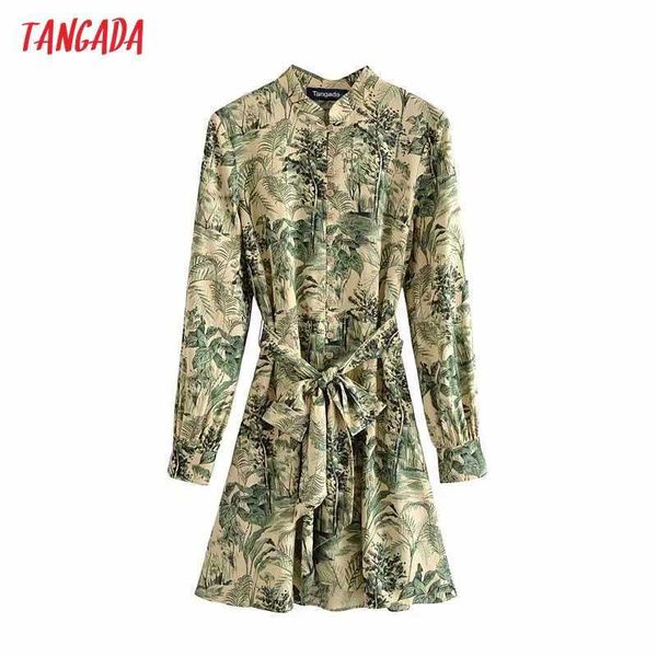 Tangada moda mulheres verde árvore impressão camisa vestido botões de manga longa senhoras escritório mini vestido com barra 3h81 210609