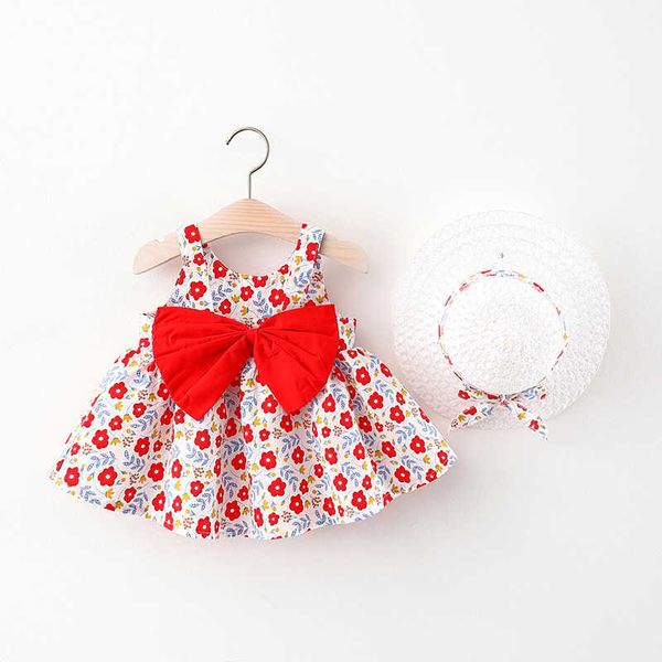 

(1-4y) summer women's fashion wavy printing suspender skirt + hat set popular women's 50*, Red;yellow