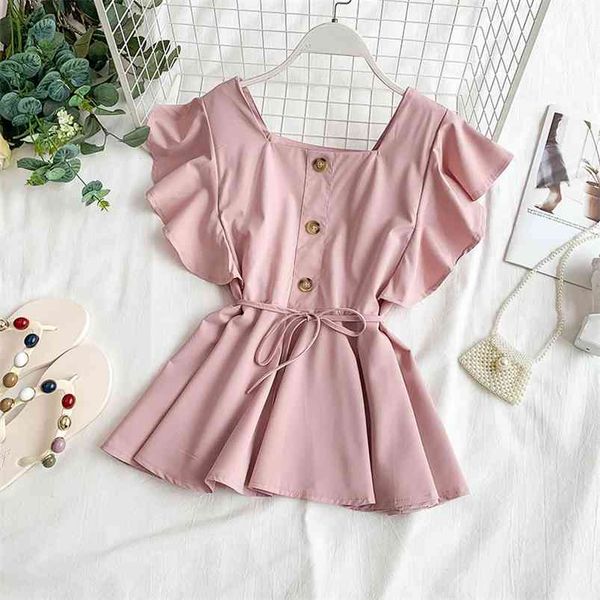 

summer women's ruffled shirt korean retro wild solid square collar butterfly sleeve lace women and blouses y468 210507, White