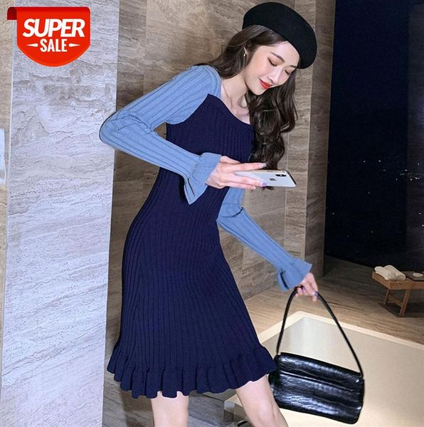 

women's windbreaker knitted dress with french niche contrast color lace long-sleeved ruffled skirt #jp5g, Black;gray