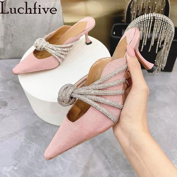 

slippers glint fashion week for woman summer pointy toe designer sandals luxury rhinestone high heel party shoes mujer, Black