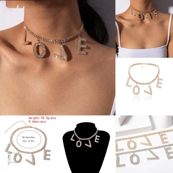 

luxury crystal love letter choker necklace for women collar femme statement punk rhinestone chain couple gothic jewelry pendant necklaces, Silver