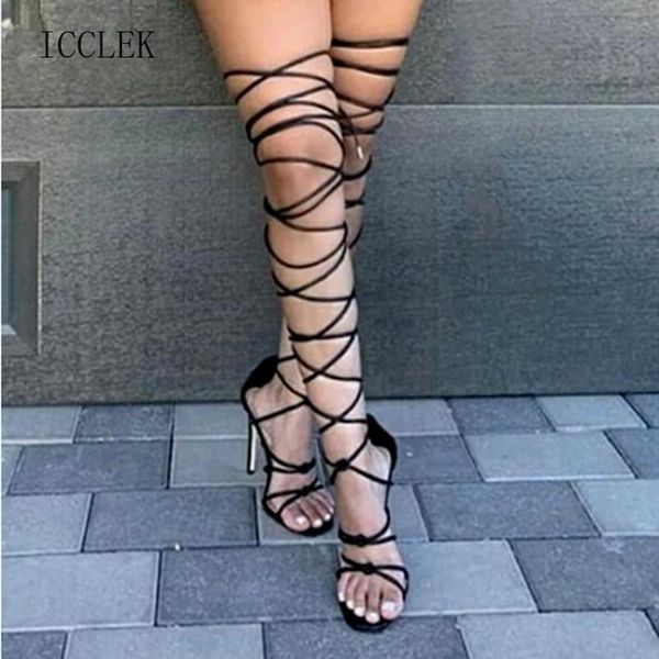 

dress shoes woman round head solid color comfortable high heels open toe lace up strappy sandals fashion large size, Black