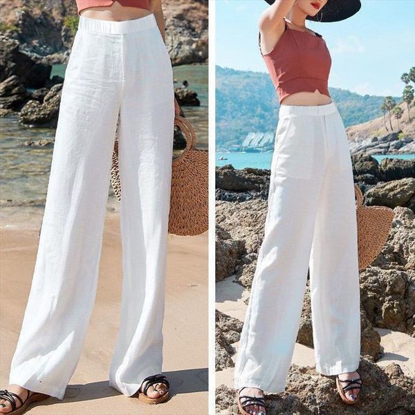 

cotton wide leg summer thin women capris casual korean loose hemp elastic high waist straight, Black;white