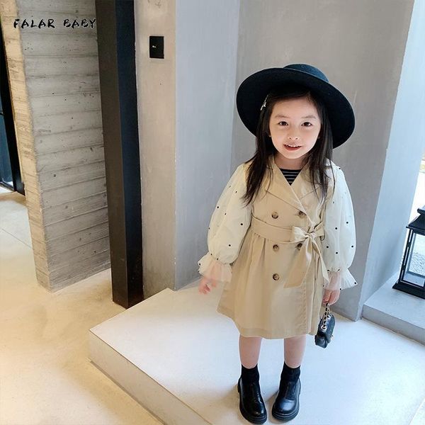 

autumn puff sleeve windbreaker children girl clothes joint long-sleeved upper garment outer wear girls double breasted jacket coat, Blue;gray