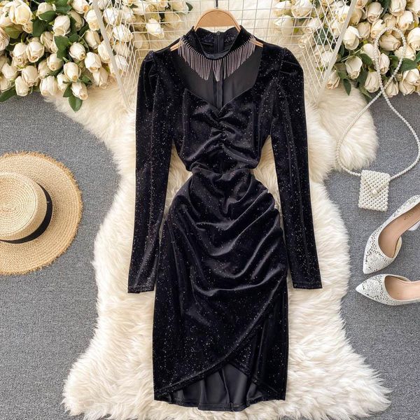 

lady fashion bling shiny velvet dress women's autumn and winter pleated slim long sleeve package hip vestido de mujer j100 casual dress, Black;gray