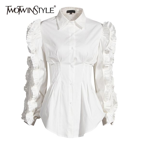 

twotwinstyle patchwork ruffle black shirt for women lapel long sleeve high waist tunic casual blouse female fashion fall 210401, White
